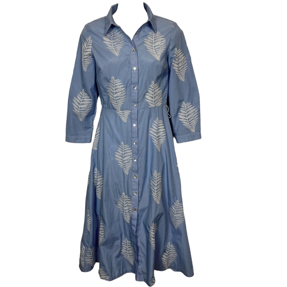 ZARA WOMAN Embroidered Blue Seersucker Striped Midi Shirt Style Dress White XS